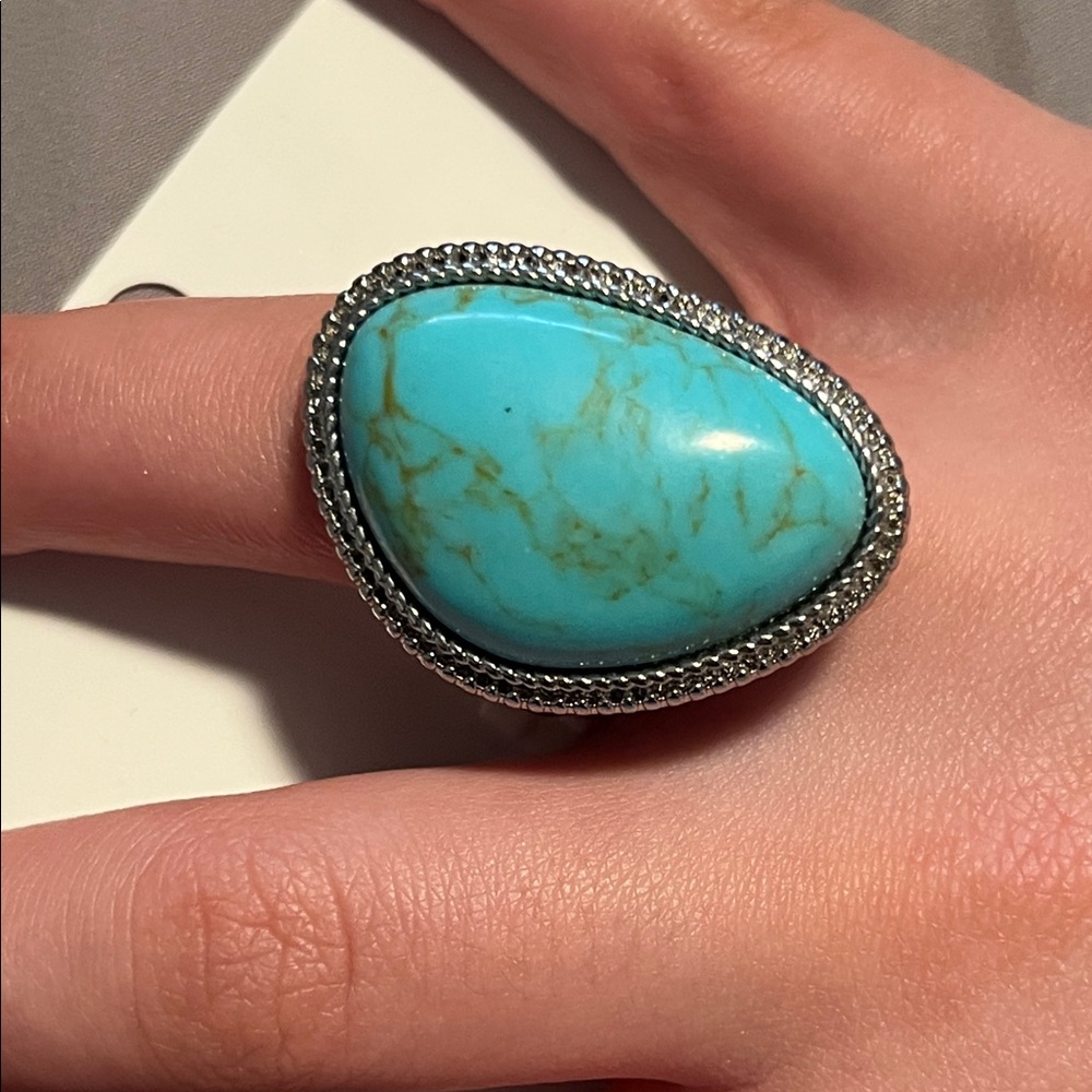 Charming Charlie Turquoise Teardrop Statement Ring with Silver Bezel
